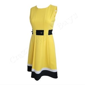 EUC Calvin Klein Petite Yellow/Black/White Colorblock A-Line Dress, Size 2